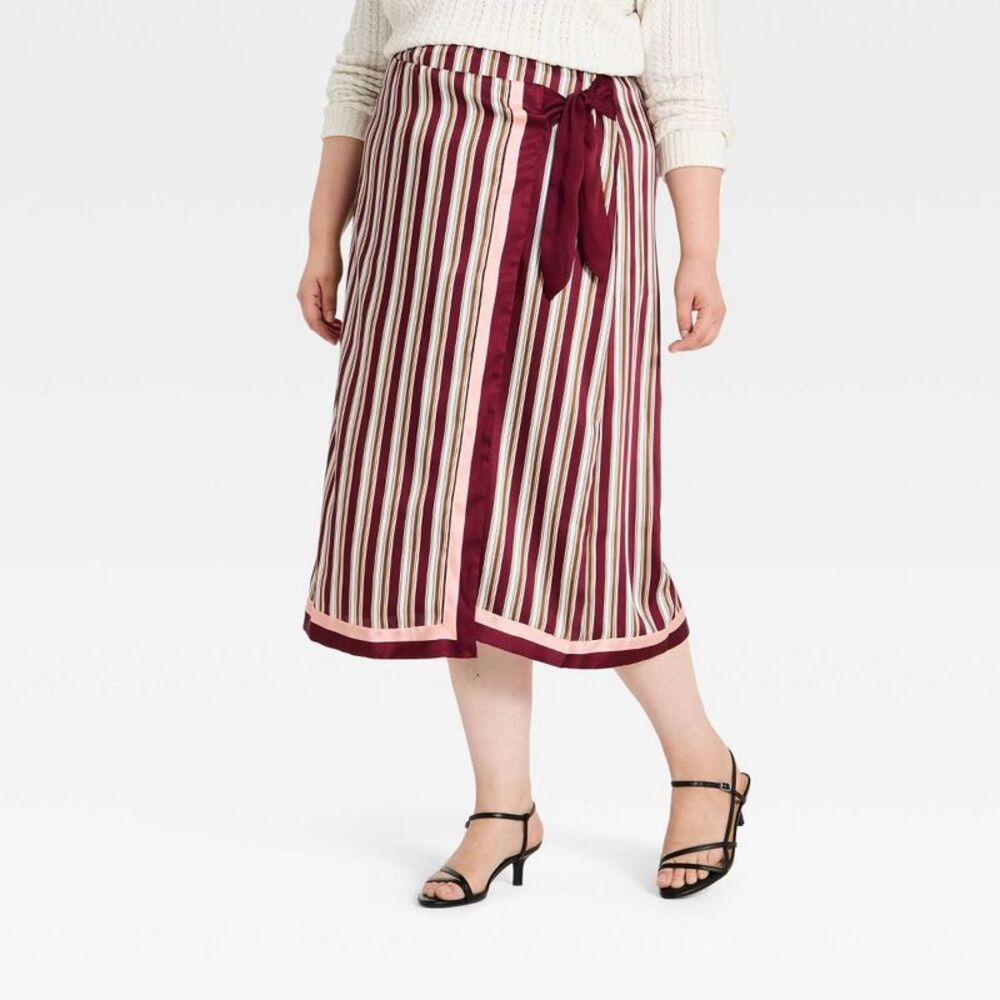 Women's Satin Wrap Midi Skirt - A New Day Burgundy Striped XXL
